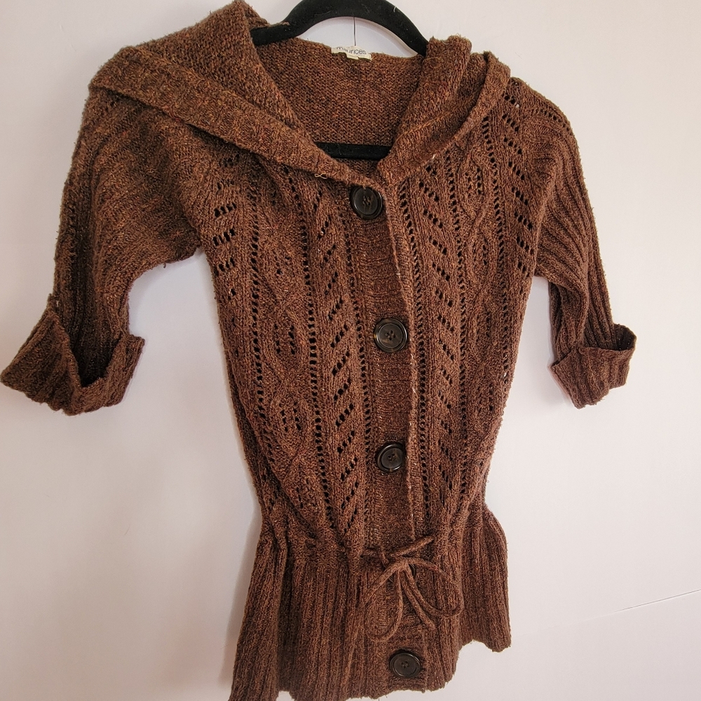 Maurices Brown Knit Hooded Cardigan Sweater Button Front Size M - Picture 3 of 11